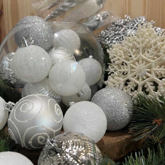 Silver and White Christmas Ornaments Shatterproof Holiday Assortment Set of 36 - Picture 5 of 7